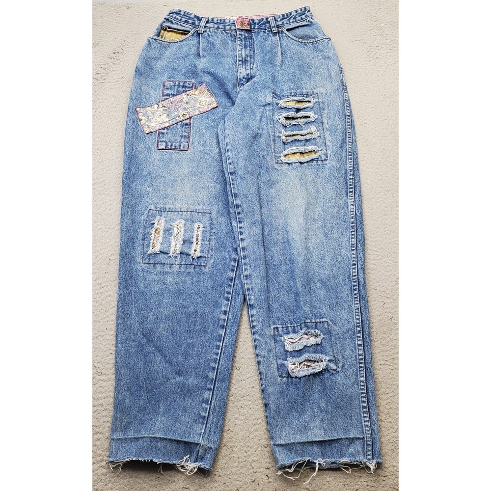 Vtg EXHAUST Y2K 90s Baggy Jeans Womens 31 Blue Denim Decorative Patch Distressed